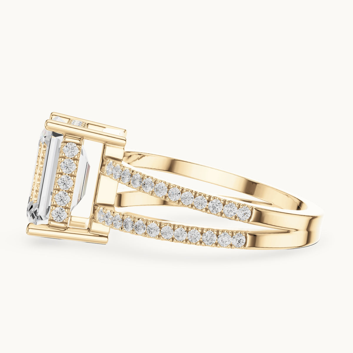 Emerald-cut lab-grown diamond pavé split-shank hidden halo engagement ring in yellow gold, 3.416 CT TW, view 3