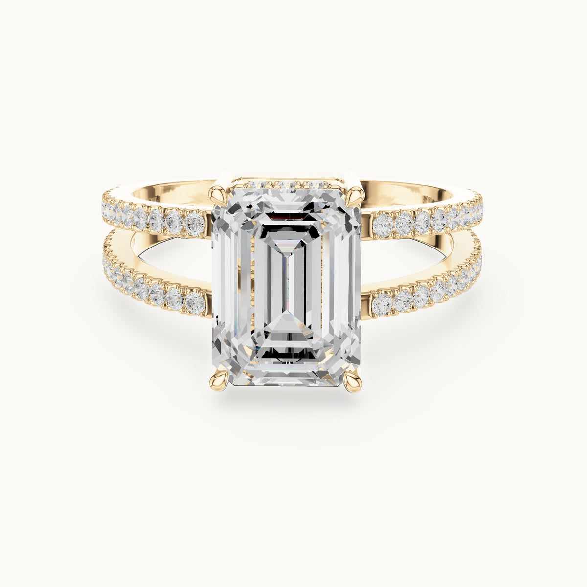 Emerald-cut lab-grown diamond pavé split-shank hidden halo engagement ring in yellow gold, 3.416 CT TW, view 4