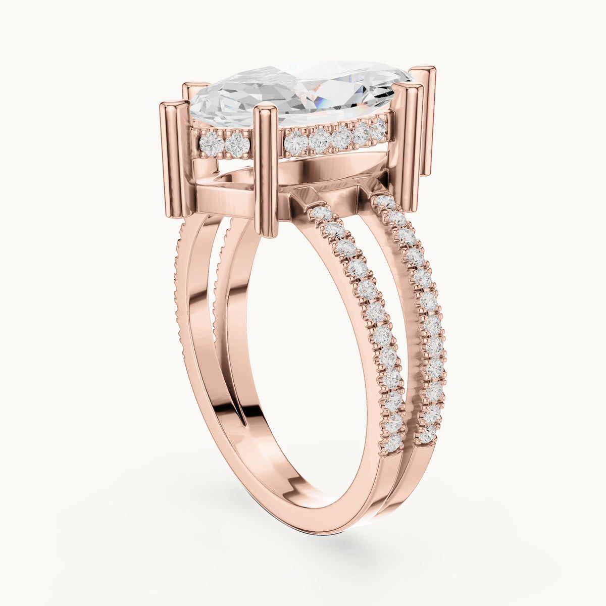 Marquise lab-grown diamond pavé split-shank hidden halo engagement ring in rose gold, 3.432 CT TW, view 1