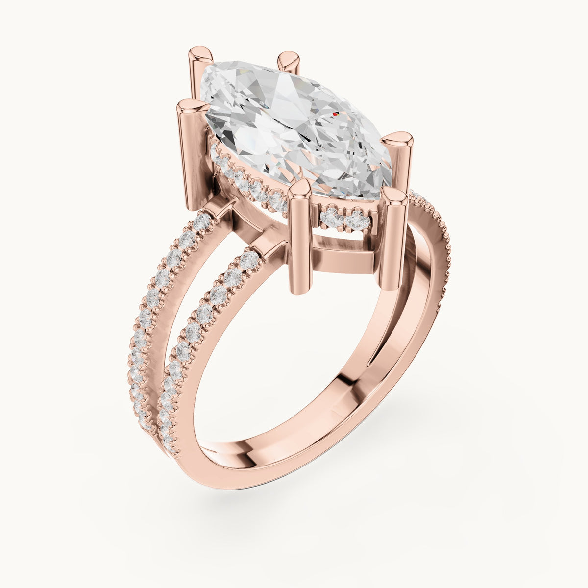 Marquise lab-grown diamond pavé split-shank hidden halo engagement ring in rose gold, 3.432 CT TW, view 2