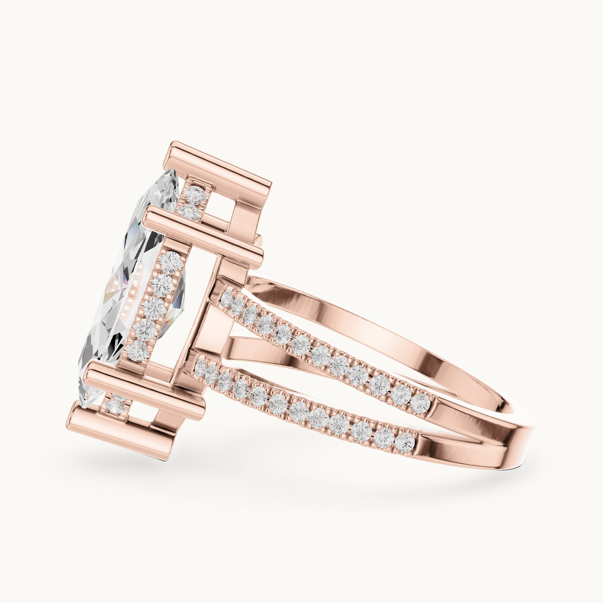 Marquise lab-grown diamond pavé split-shank hidden halo engagement ring in rose gold, 3.432 CT TW, view 3