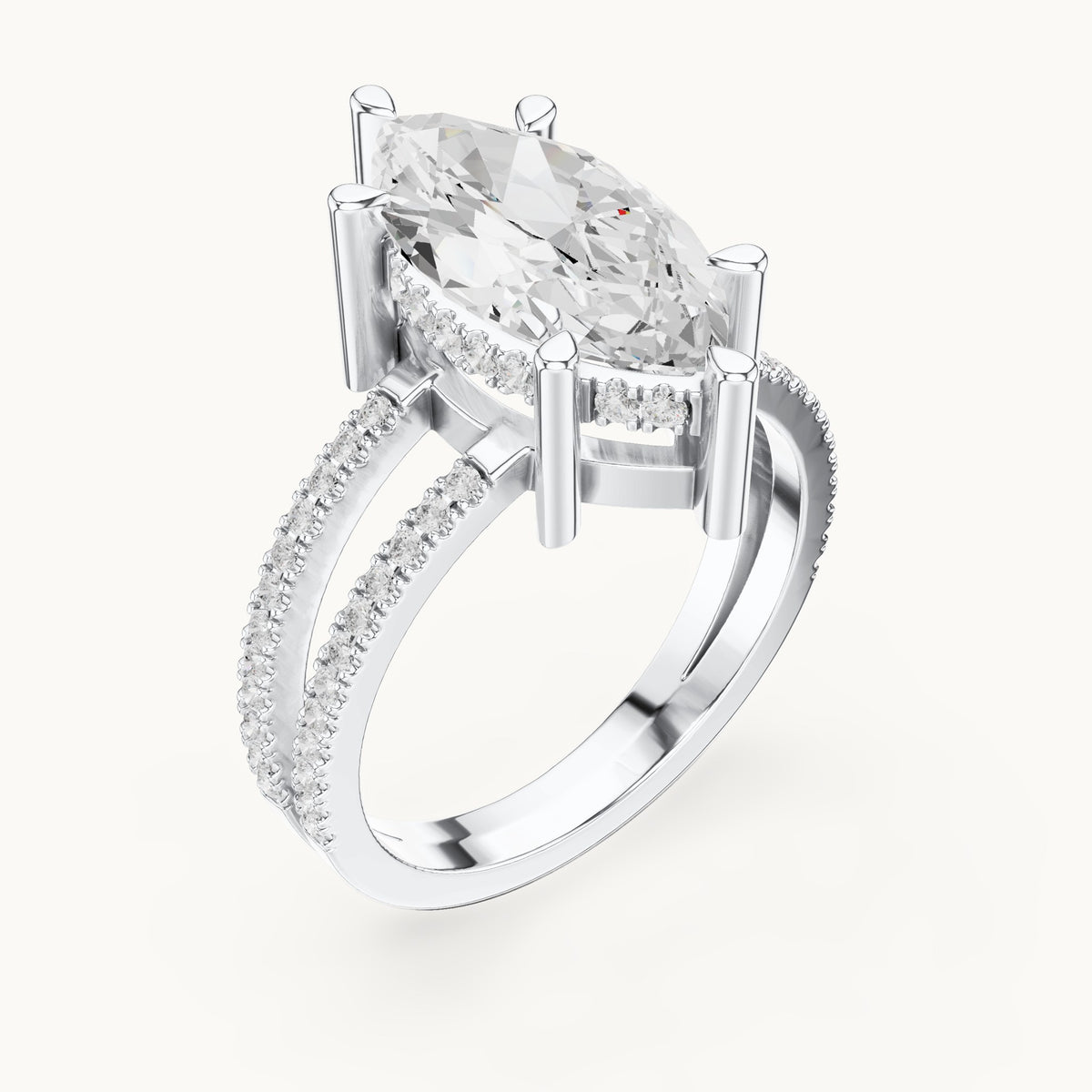 Marquise lab-grown diamond pavé split-shank hidden halo engagement ring in white gold, 3.432 CT TW, view 2