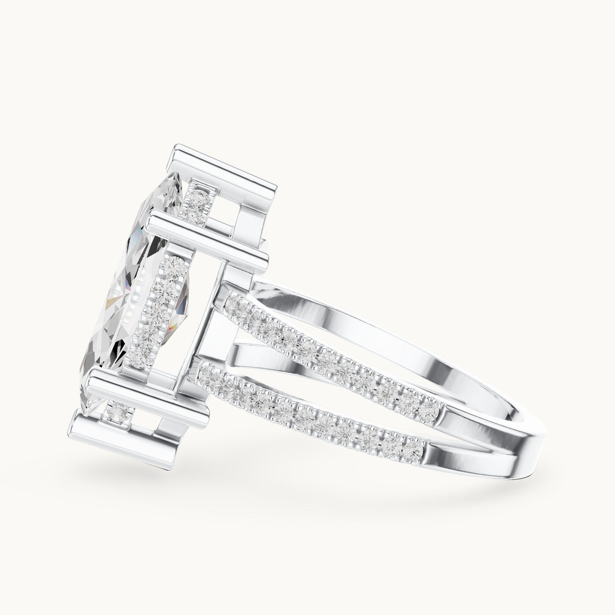 Marquise lab-grown diamond pavé split-shank hidden halo engagement ring in white gold, 3.432 CT TW, view 3