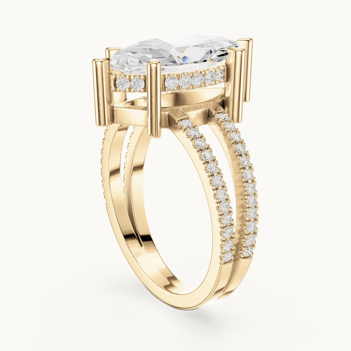Marquise lab-grown diamond pavé split-shank hidden halo engagement ring in yellow gold, 3.432 CT TW, view 1