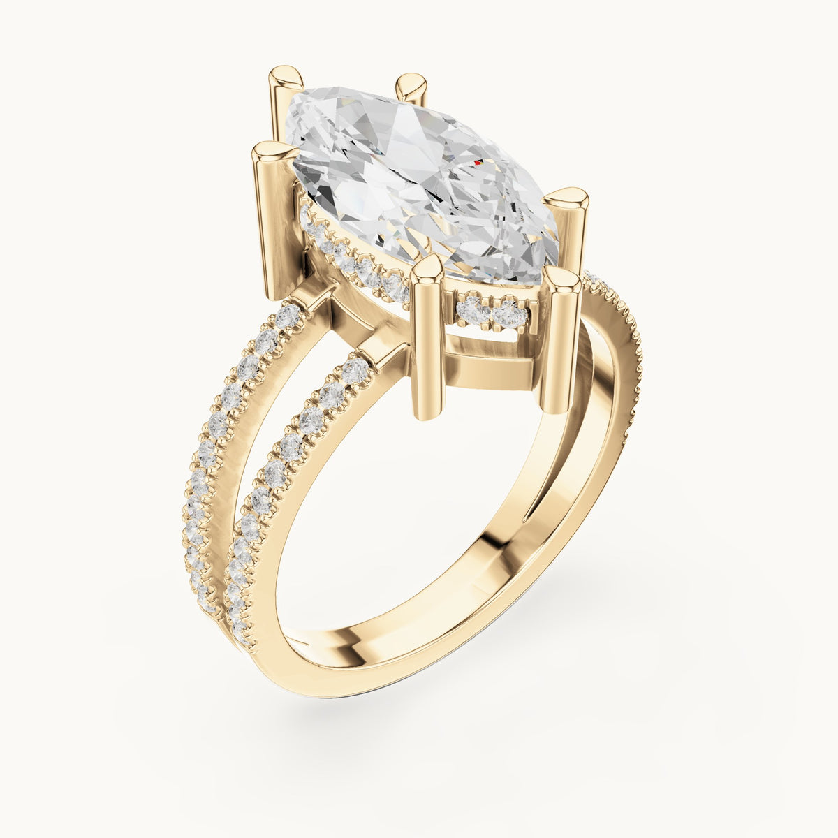 Marquise lab-grown diamond pavé split-shank hidden halo engagement ring in yellow gold, 3.432 CT TW, view 2