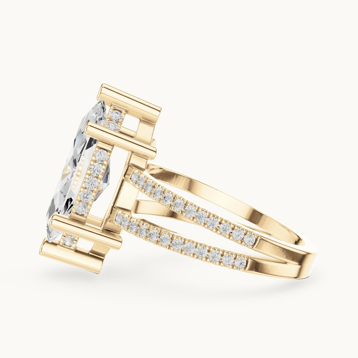 Marquise lab-grown diamond pavé split-shank hidden halo engagement ring in yellow gold, 3.432 CT TW, view 3