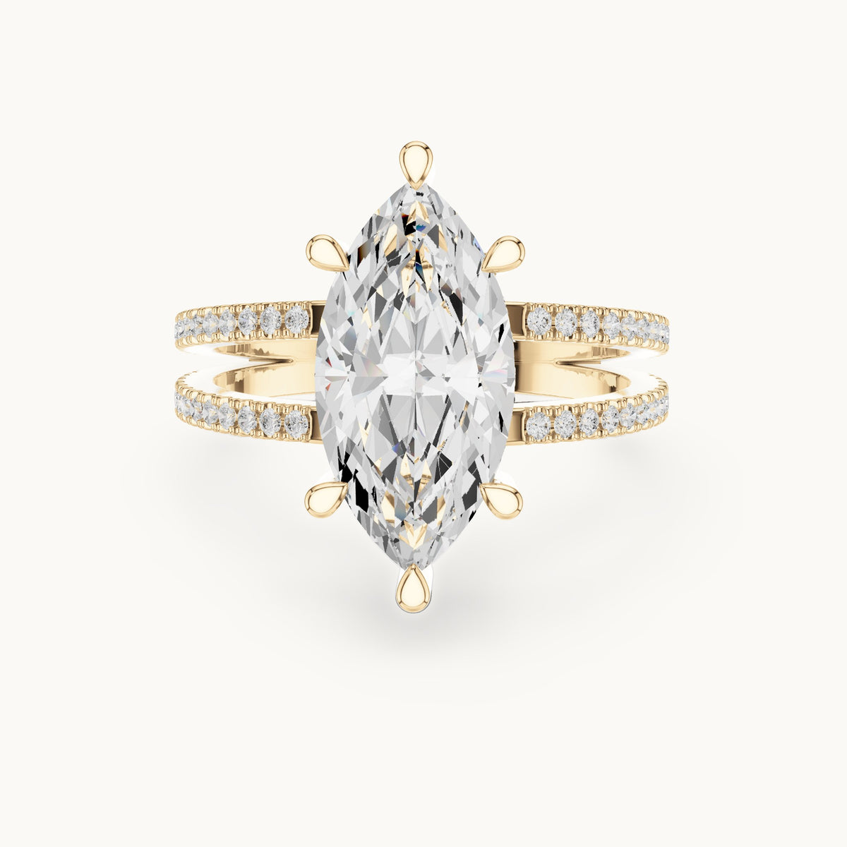 Marquise lab-grown diamond pavé split-shank hidden halo engagement ring in yellow gold, 3.432 CT TW, view 4