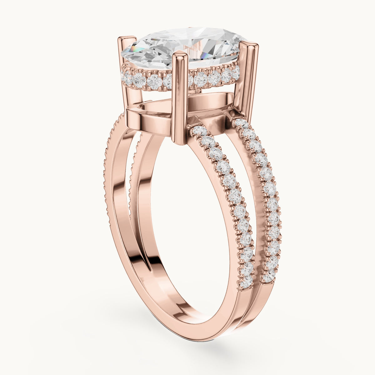Oval lab-grown diamond pavé split-shank hidden halo engagement ring in rose gold, 3.432 CT TW, view 1
