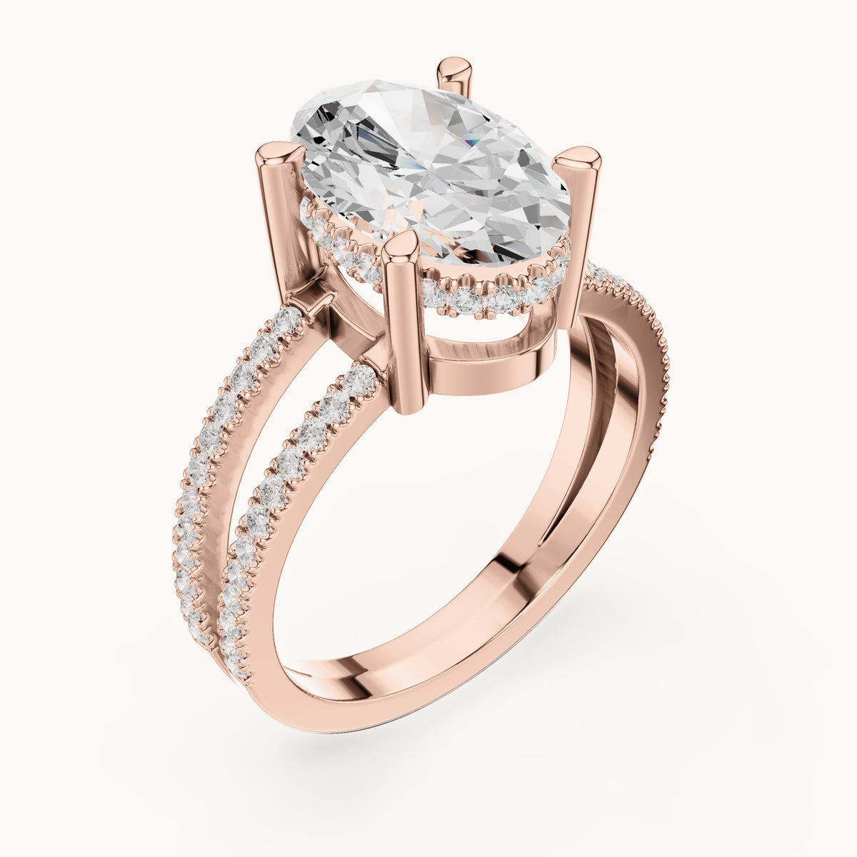 Oval lab-grown diamond pavé split-shank hidden halo engagement ring in rose gold, 3.432 CT TW, view 2