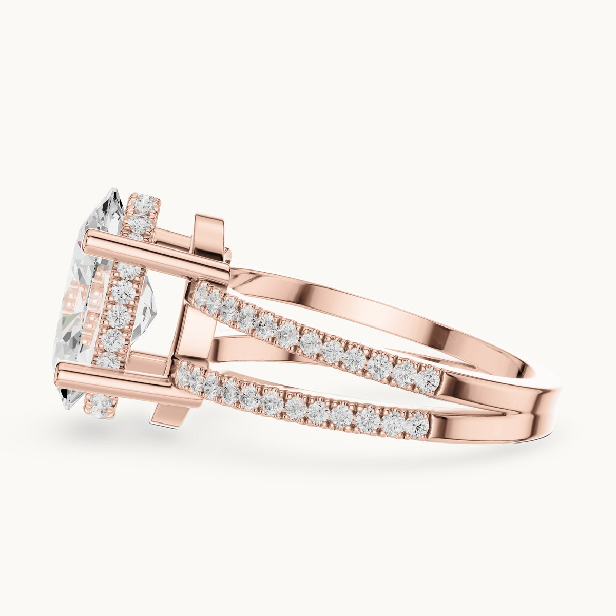 Oval lab-grown diamond pavé split-shank hidden halo engagement ring in rose gold, 3.432 CT TW, view 3