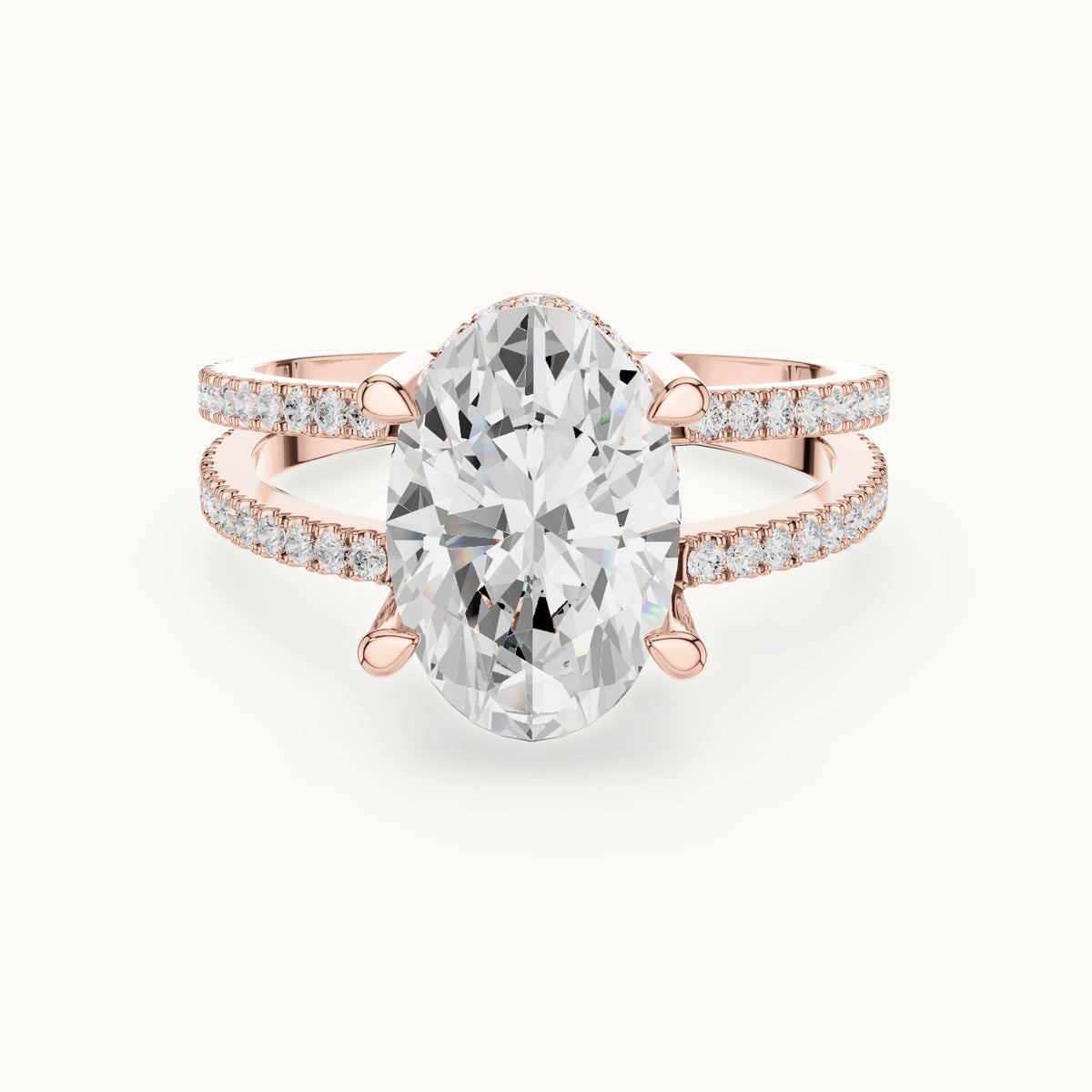 Oval lab-grown diamond pavé split-shank hidden halo engagement ring in rose gold, 3.432 CT TW, view 4