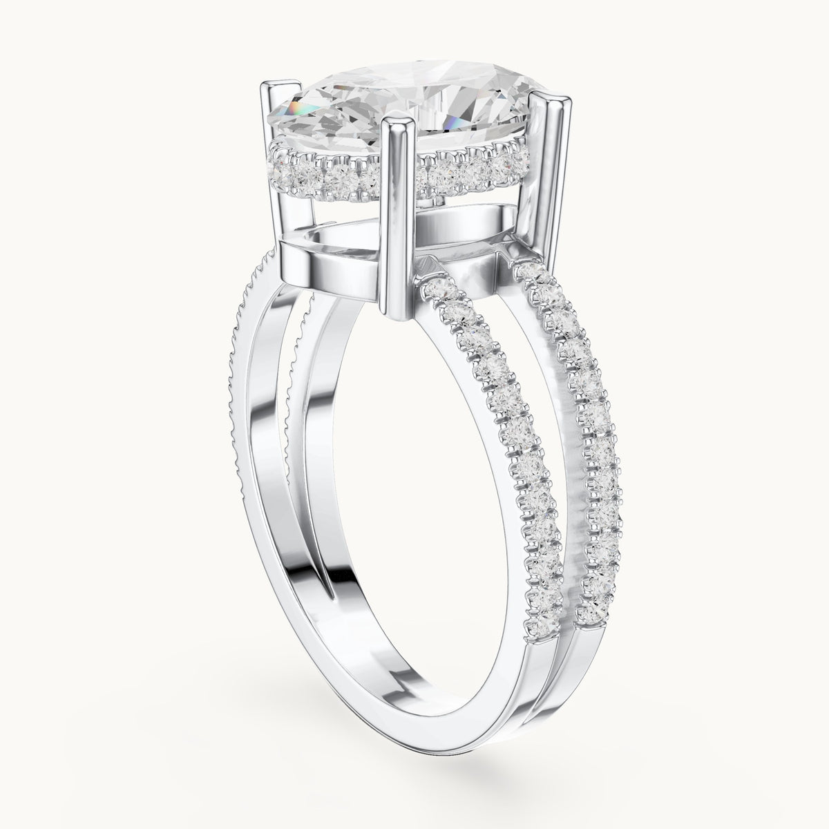 Oval lab-grown diamond pavé split-shank hidden halo engagement ring in white gold, 3.432 CT TW, view 1