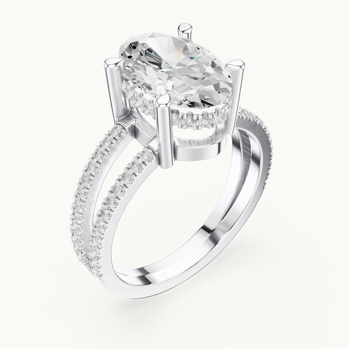 Oval lab-grown diamond pavé split-shank hidden halo engagement ring in white gold, 3.432 CT TW, view 2