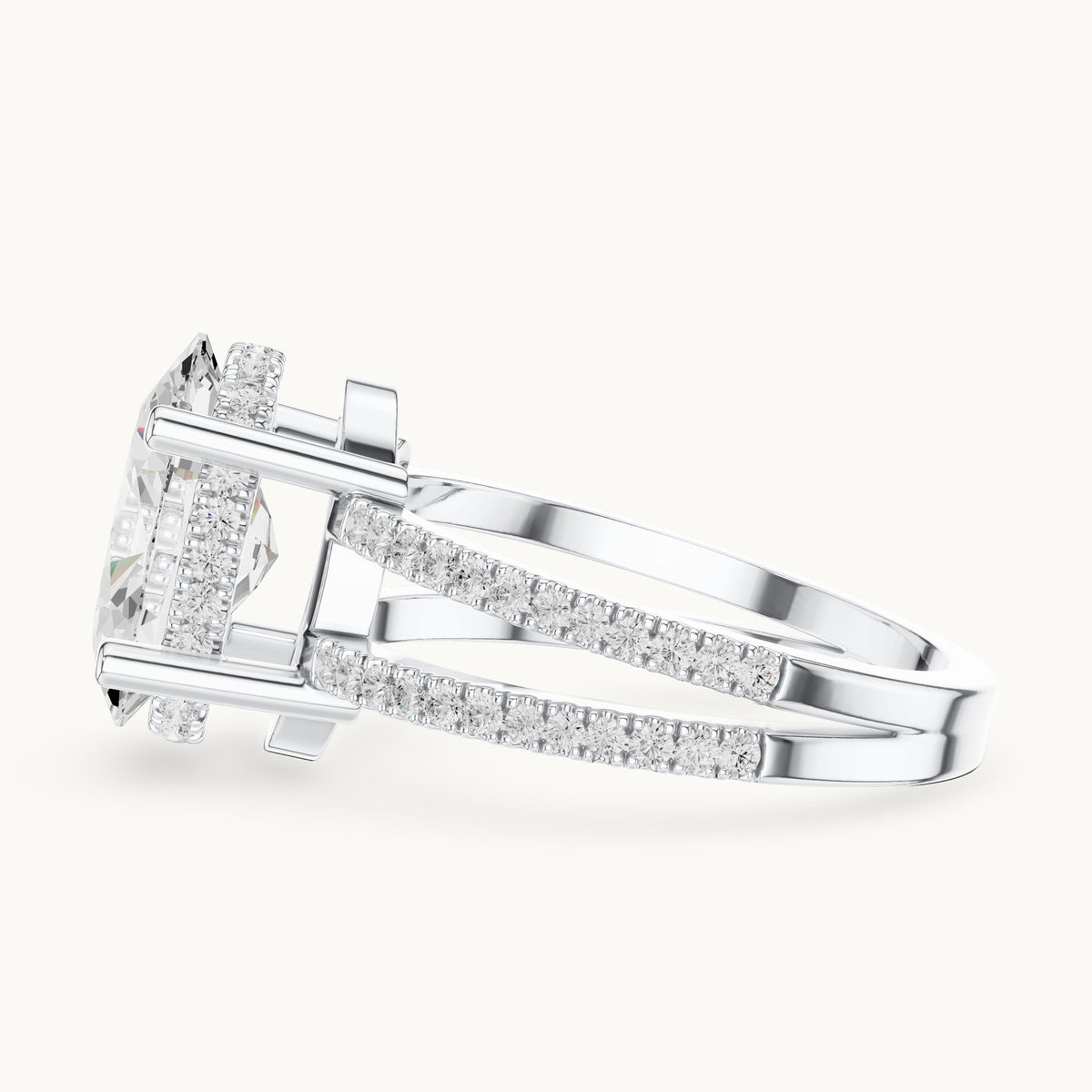 Oval lab-grown diamond pavé split-shank hidden halo engagement ring in white gold, 3.432 CT TW, view 3