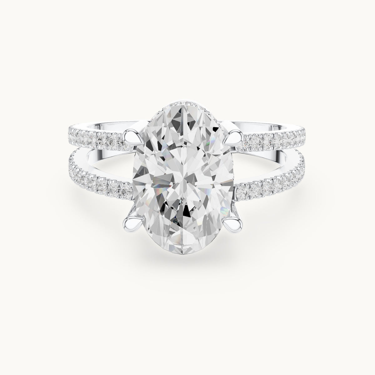 Oval lab-grown diamond pavé split-shank hidden halo engagement ring in white gold, 3.432 CT TW, view 4