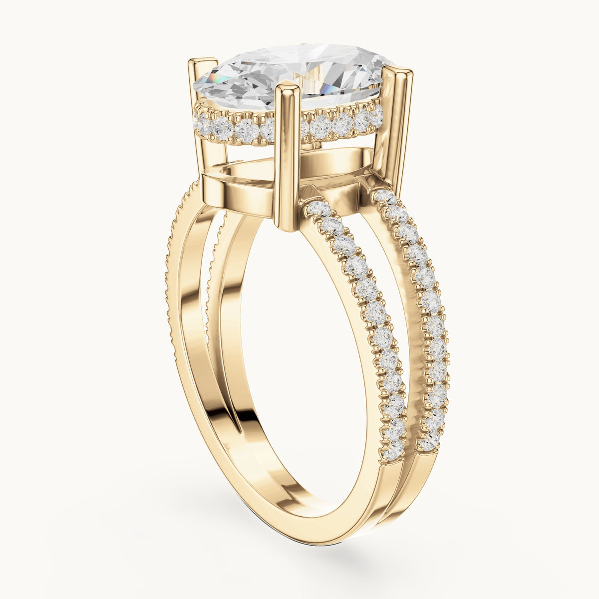 Oval lab-grown diamond pavé split-shank hidden halo engagement ring in yellow gold, 3.432 CT TW, view 1
