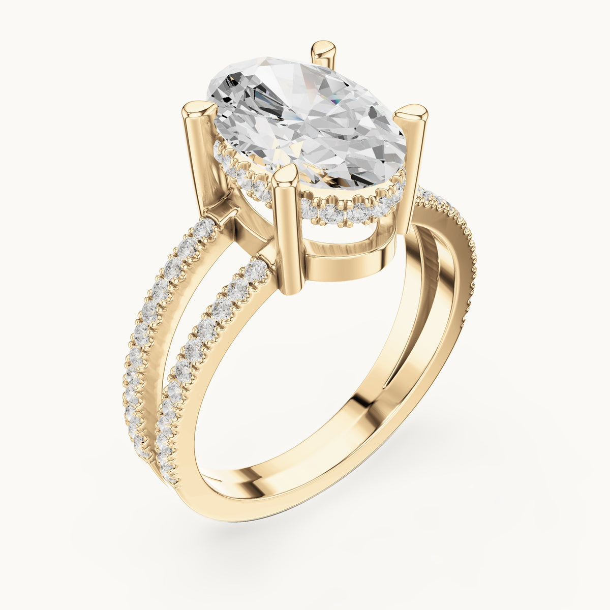 Oval lab-grown diamond pavé split-shank hidden halo engagement ring in yellow gold, 3.432 CT TW, view 2