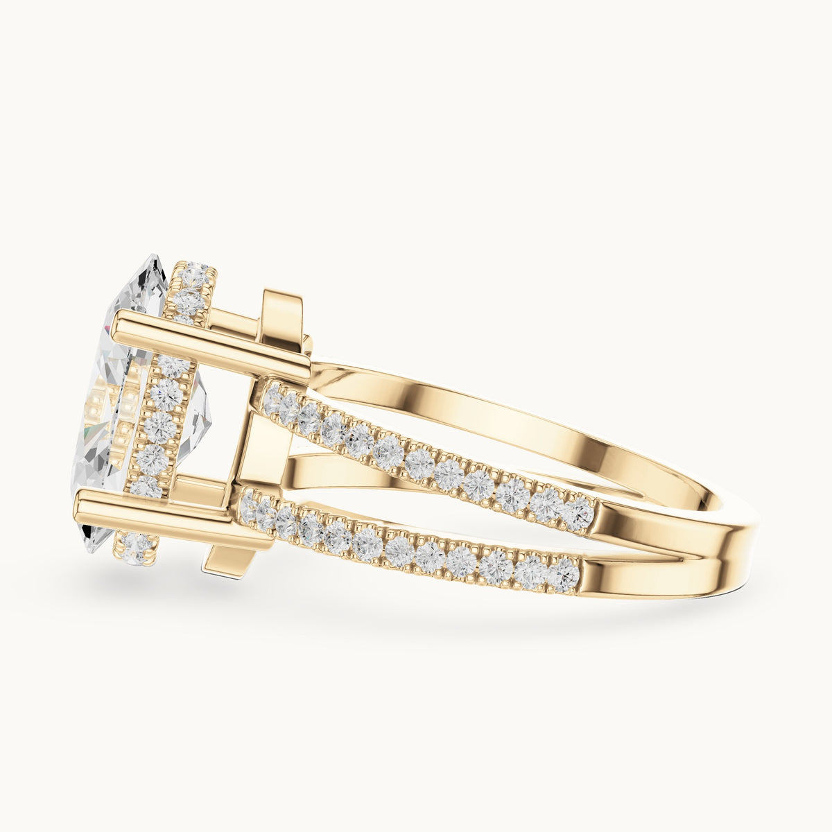 Oval lab-grown diamond pavé split-shank hidden halo engagement ring in yellow gold, 3.432 CT TW, view 3