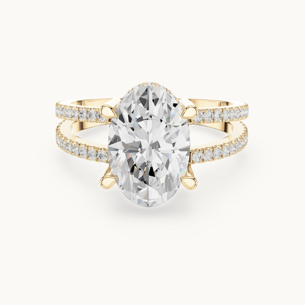 Oval lab-grown diamond pavé split-shank hidden halo engagement ring in yellow gold, 3.432 CT TW, view 4