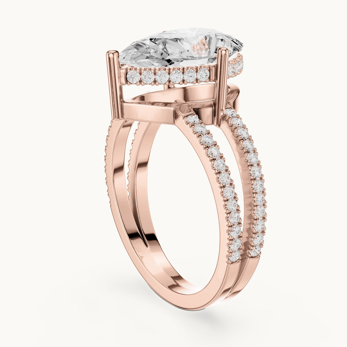 Pear lab-grown diamond pavé split-shank hidden halo engagement ring in rose gold, 3.414 CT TW, view 1