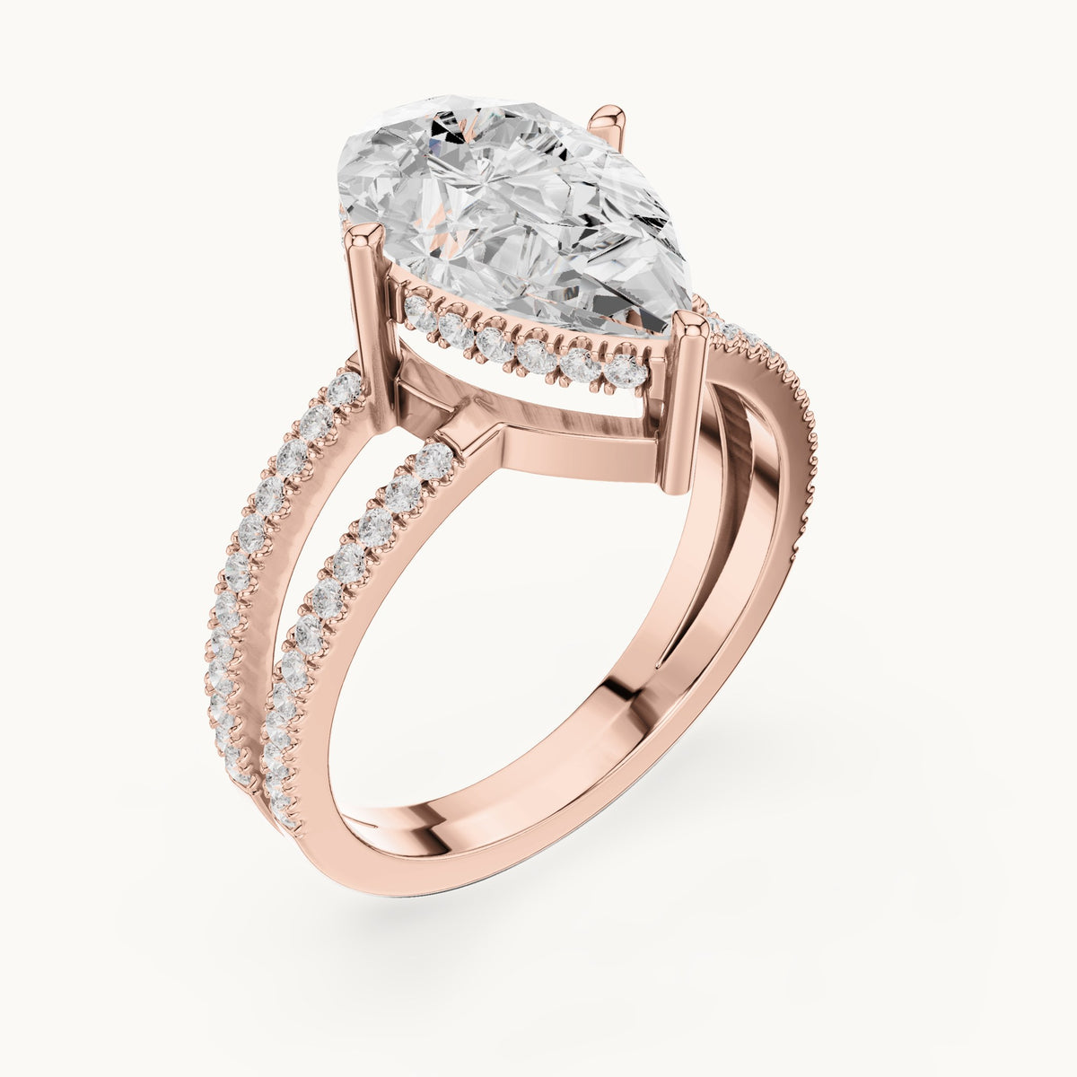 Pear lab-grown diamond pavé split-shank hidden halo engagement ring in rose gold, 3.414 CT TW, view 2