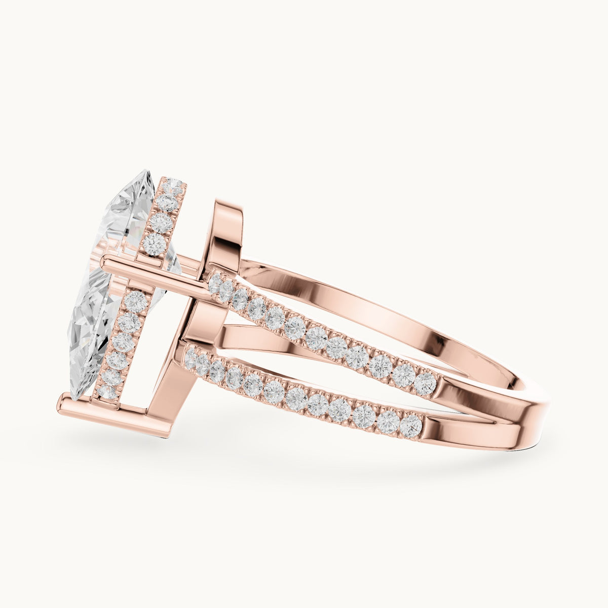Pear lab-grown diamond pavé split-shank hidden halo engagement ring in rose gold, 3.414 CT TW, view 3