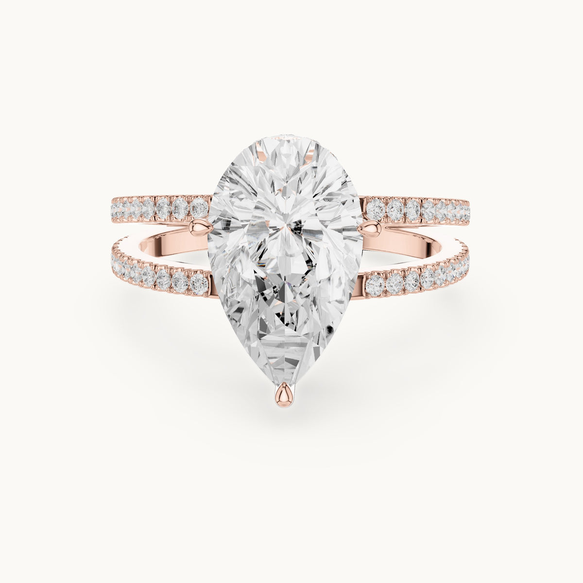 Pear lab-grown diamond pavé split-shank hidden halo engagement ring in rose gold, 3.414 CT TW, view 4