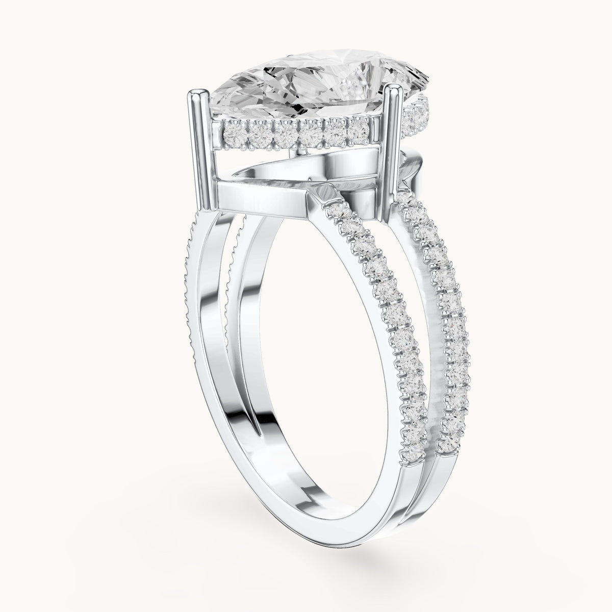 Pear lab-grown diamond pavé split-shank hidden halo engagement ring in white gold, 3.414 CT TW, view 1