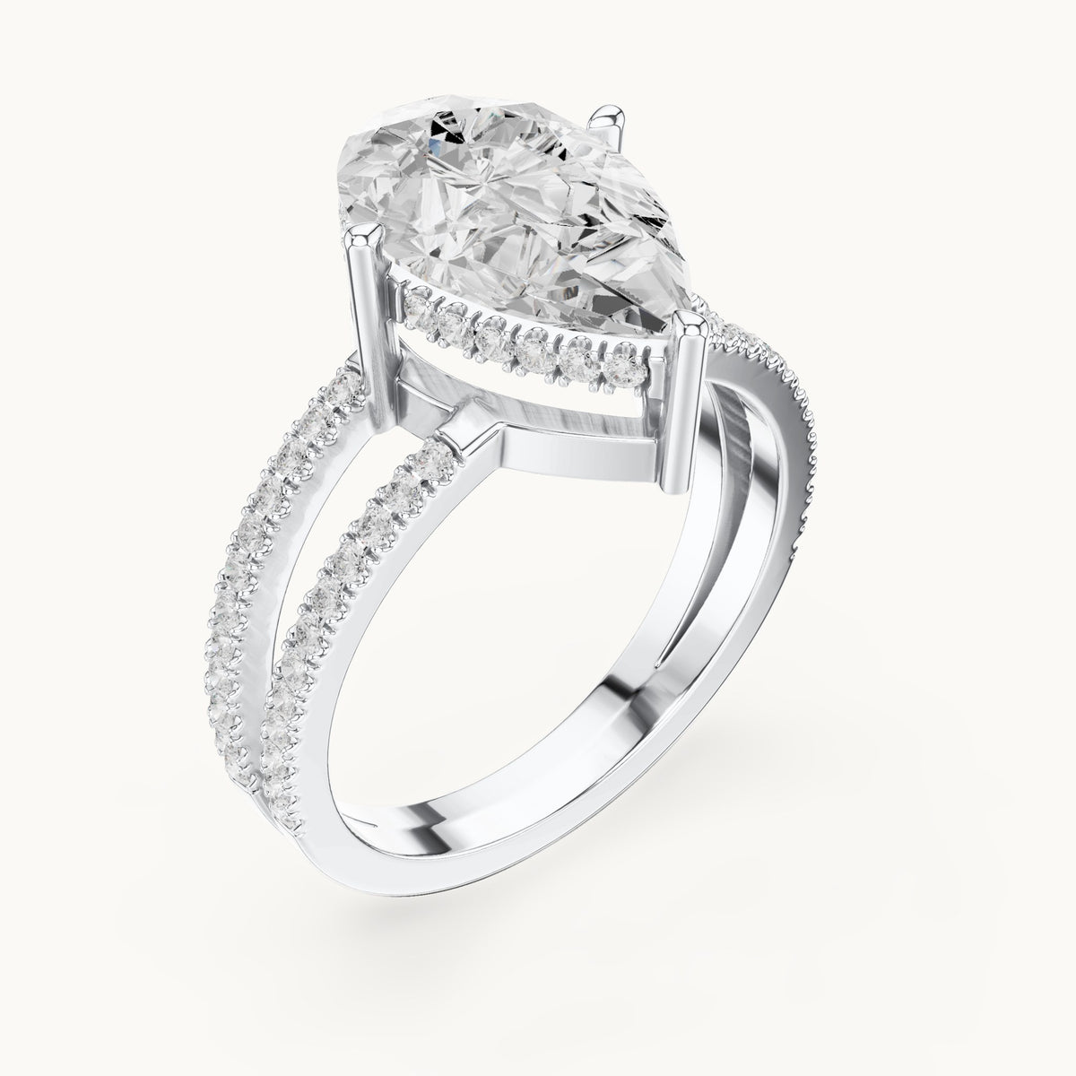 Pear lab-grown diamond pavé split-shank hidden halo engagement ring in white gold, 3.414 CT TW, view 2