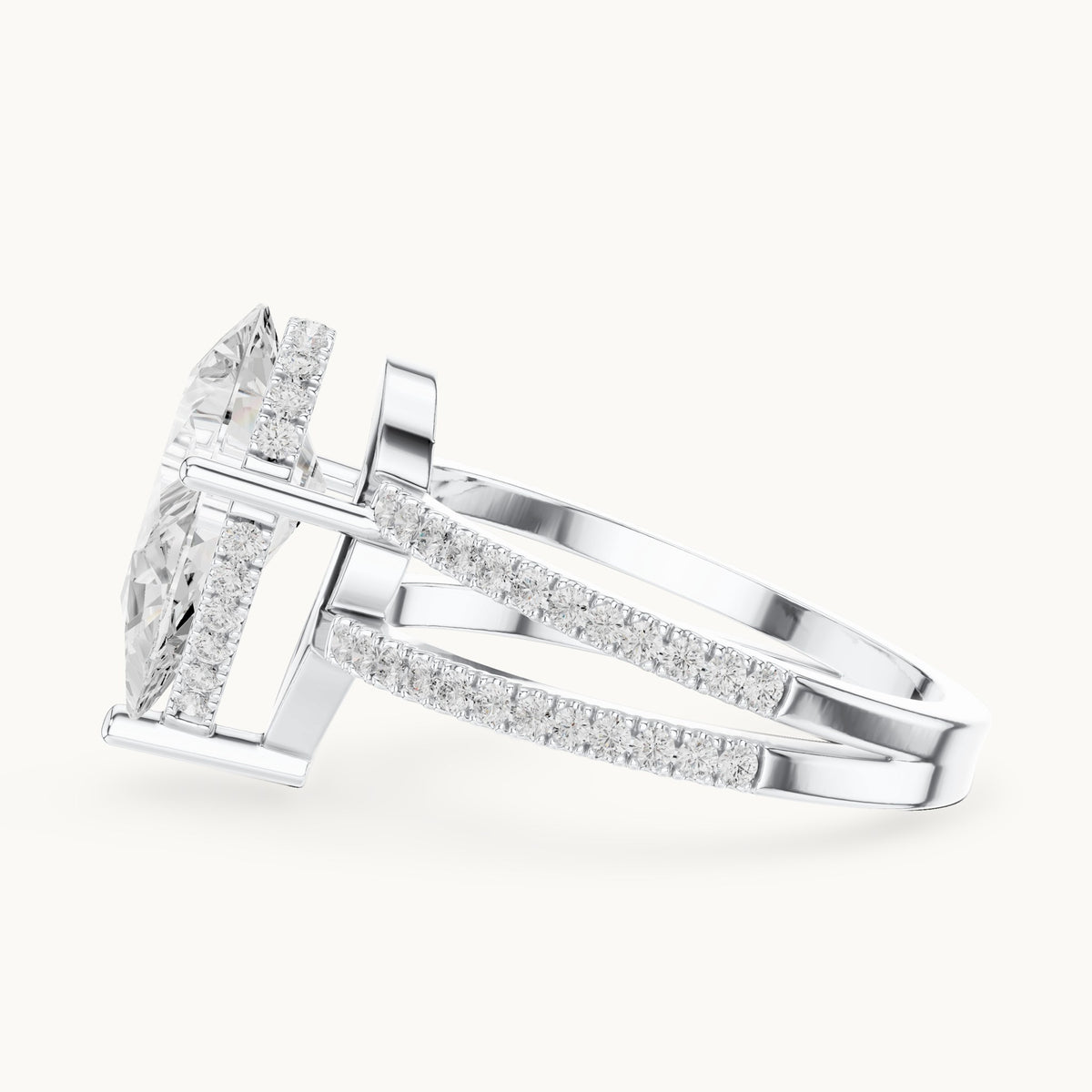 Pear lab-grown diamond pavé split-shank hidden halo engagement ring in white gold, 3.414 CT TW, view 3
