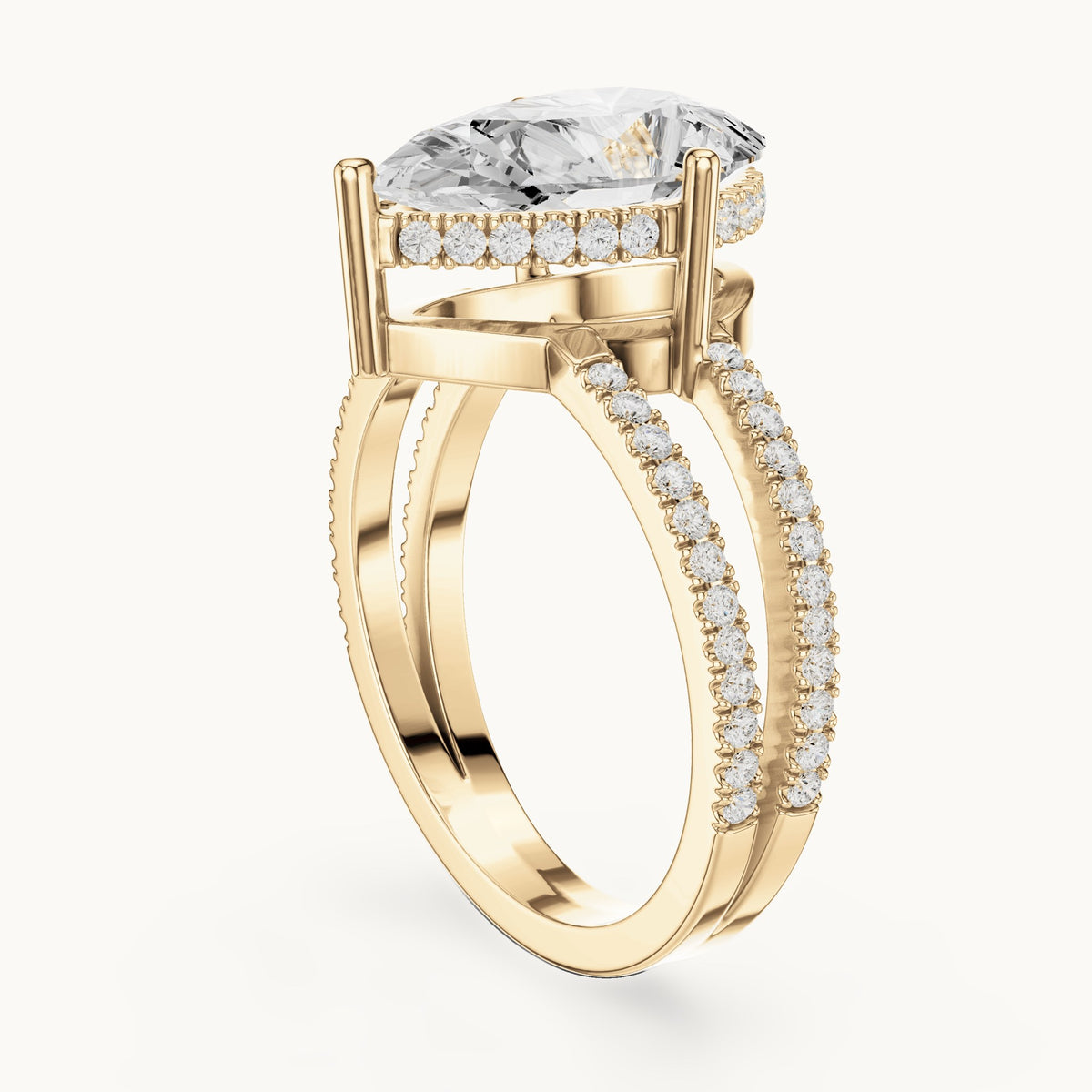 Pear lab-grown diamond pavé split-shank hidden halo engagement ring in yellow gold, 3.414 CT TW, view 1
