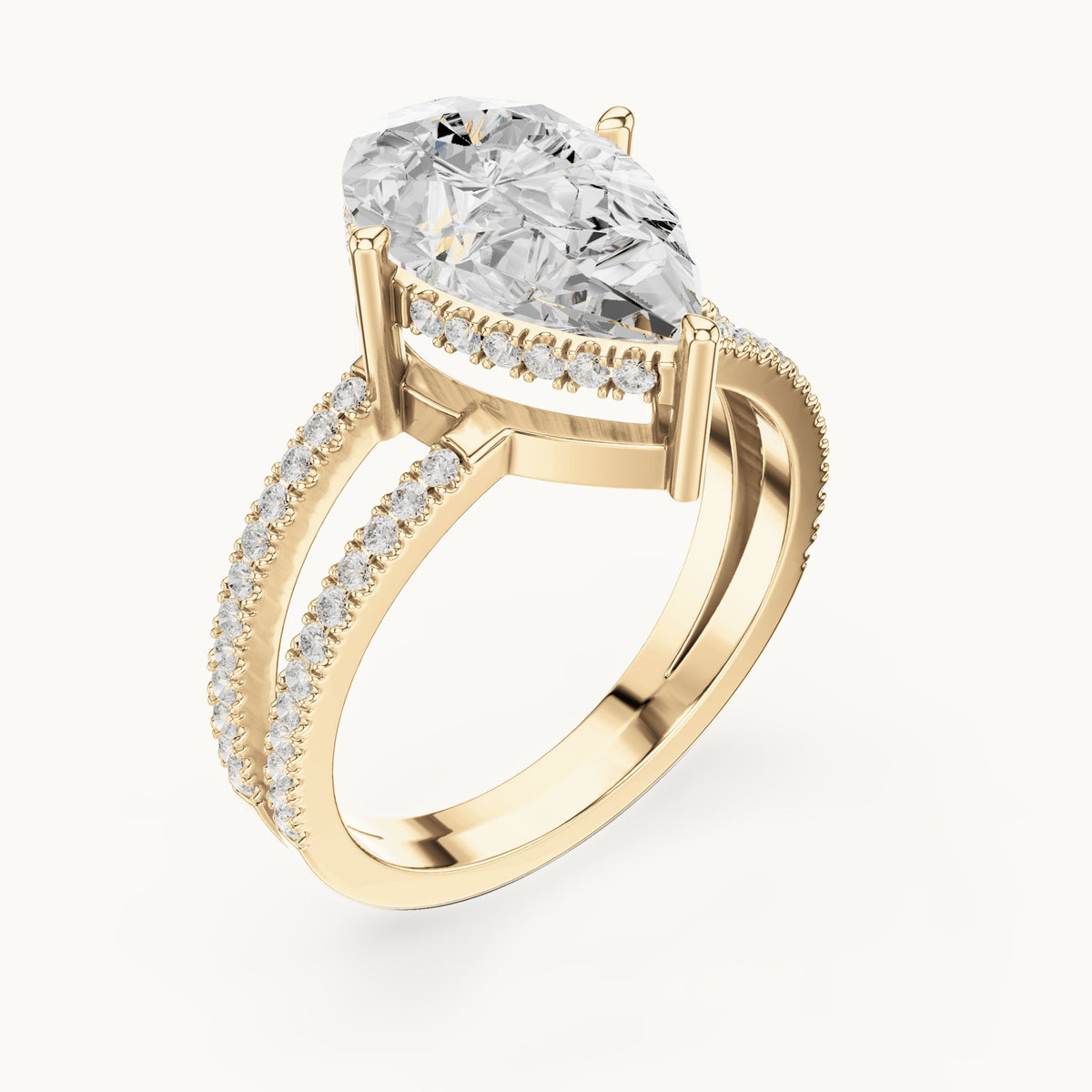 Pear lab-grown diamond pavé split-shank hidden halo engagement ring in yellow gold, 3.414 CT TW, view 2