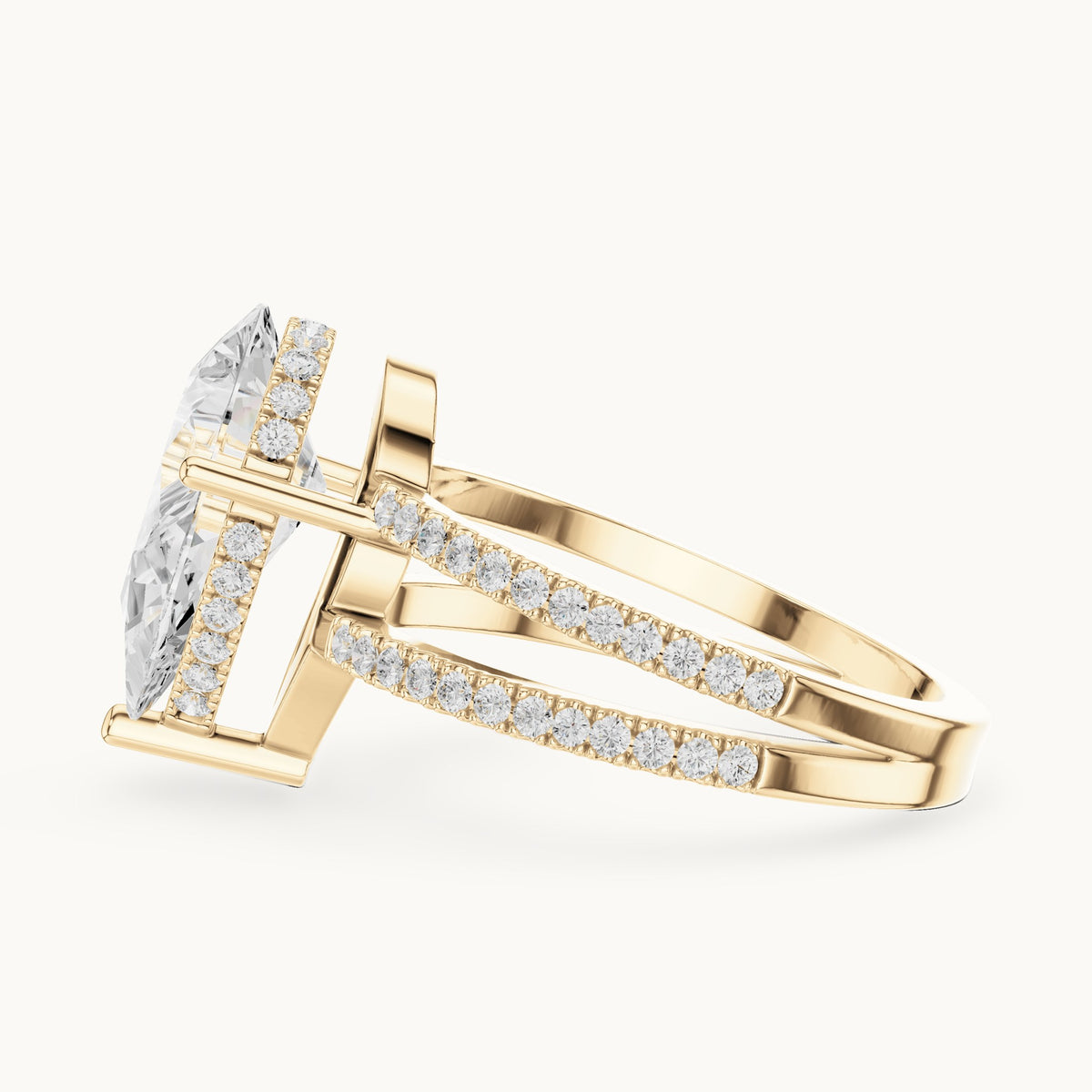 Pear lab-grown diamond pavé split-shank hidden halo engagement ring in yellow gold, 3.414 CT TW, view 3