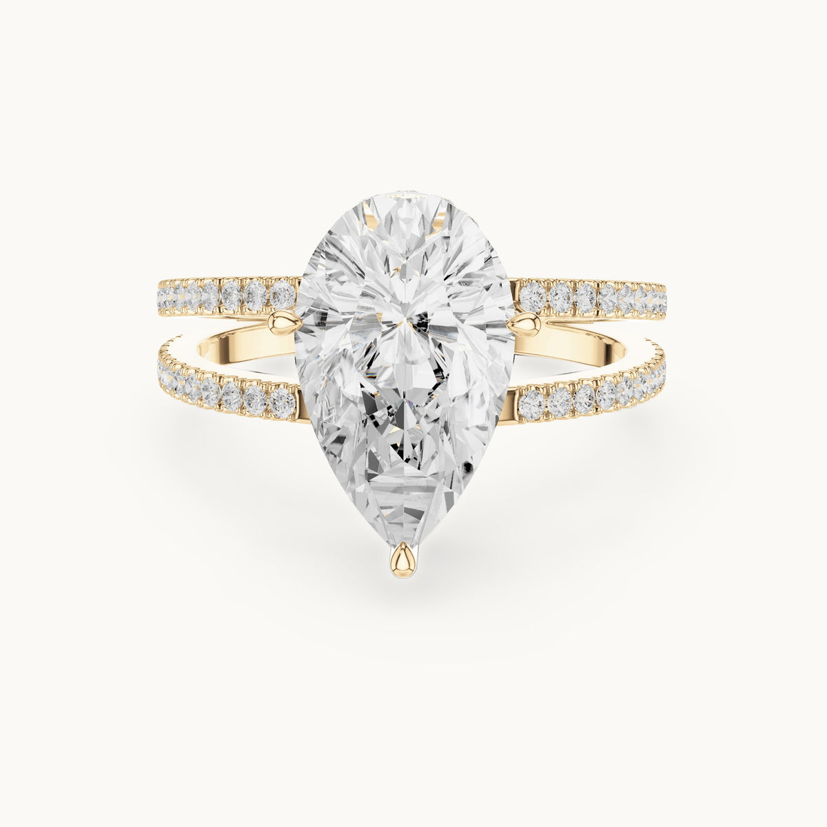 Pear lab-grown diamond pavé split-shank hidden halo engagement ring in yellow gold, 3.414 CT TW, view 4