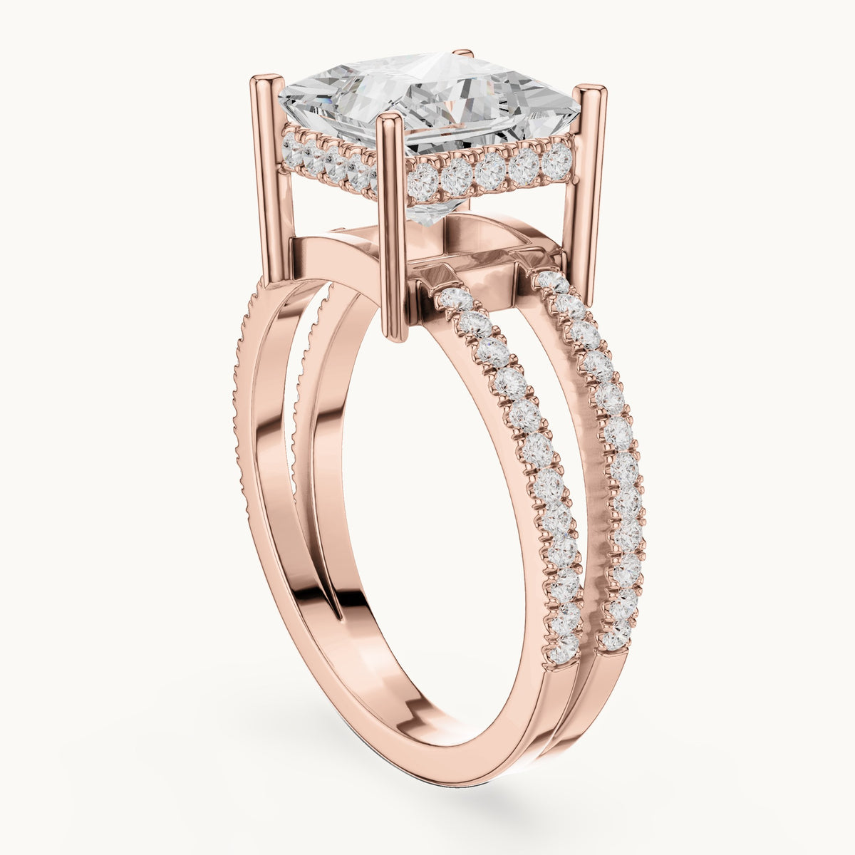 Princess-cut lab-grown diamond pavé split-shank hidden halo engagement ring in rose gold, 3.448 CT TW, view 1