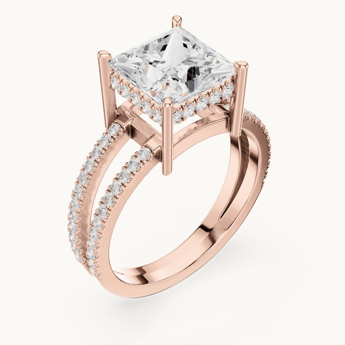 Princess-cut lab-grown diamond pavé split-shank hidden halo engagement ring in rose gold, 3.448 CT TW, view 2