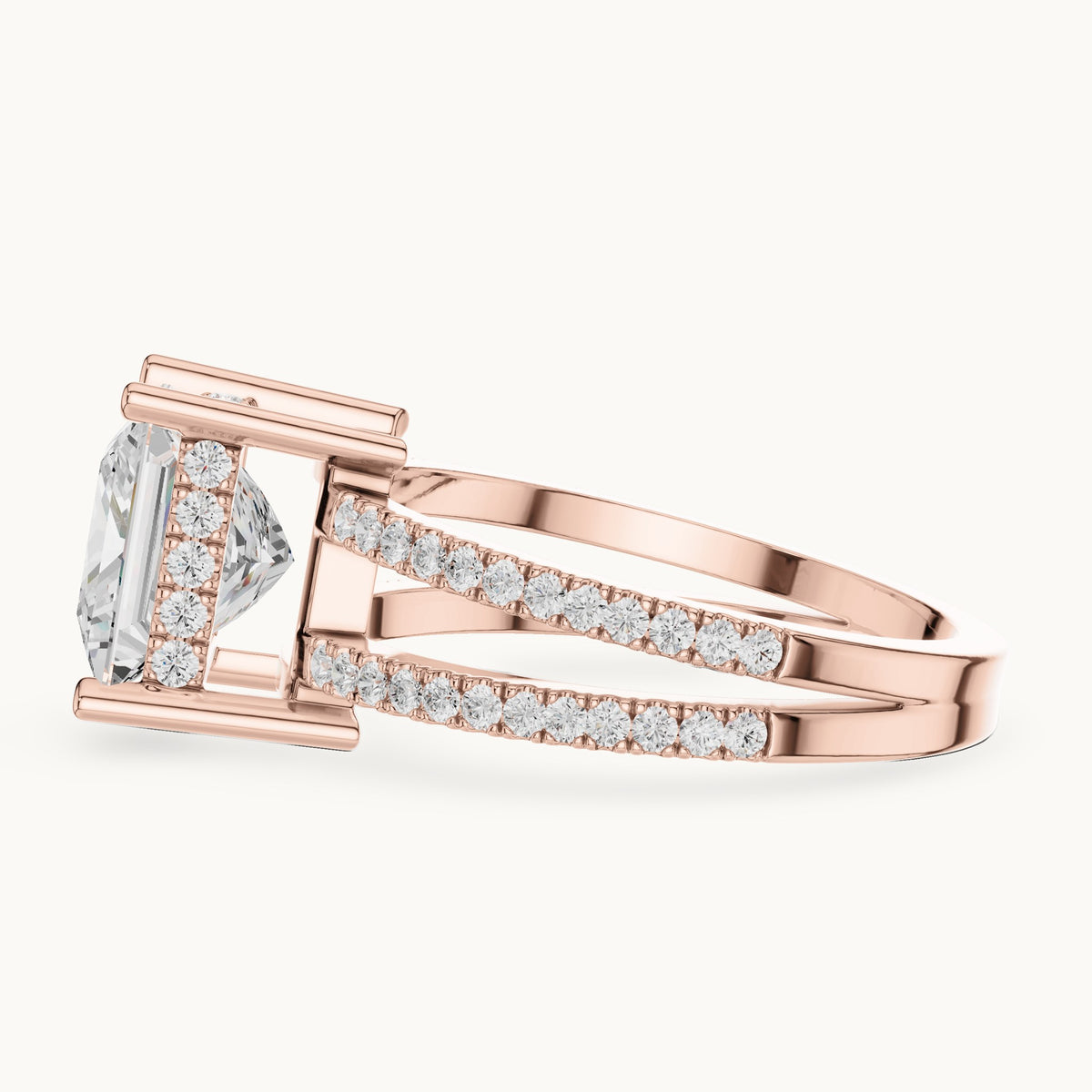 Princess-cut lab-grown diamond pavé split-shank hidden halo engagement ring in rose gold, 3.448 CT TW, view 3