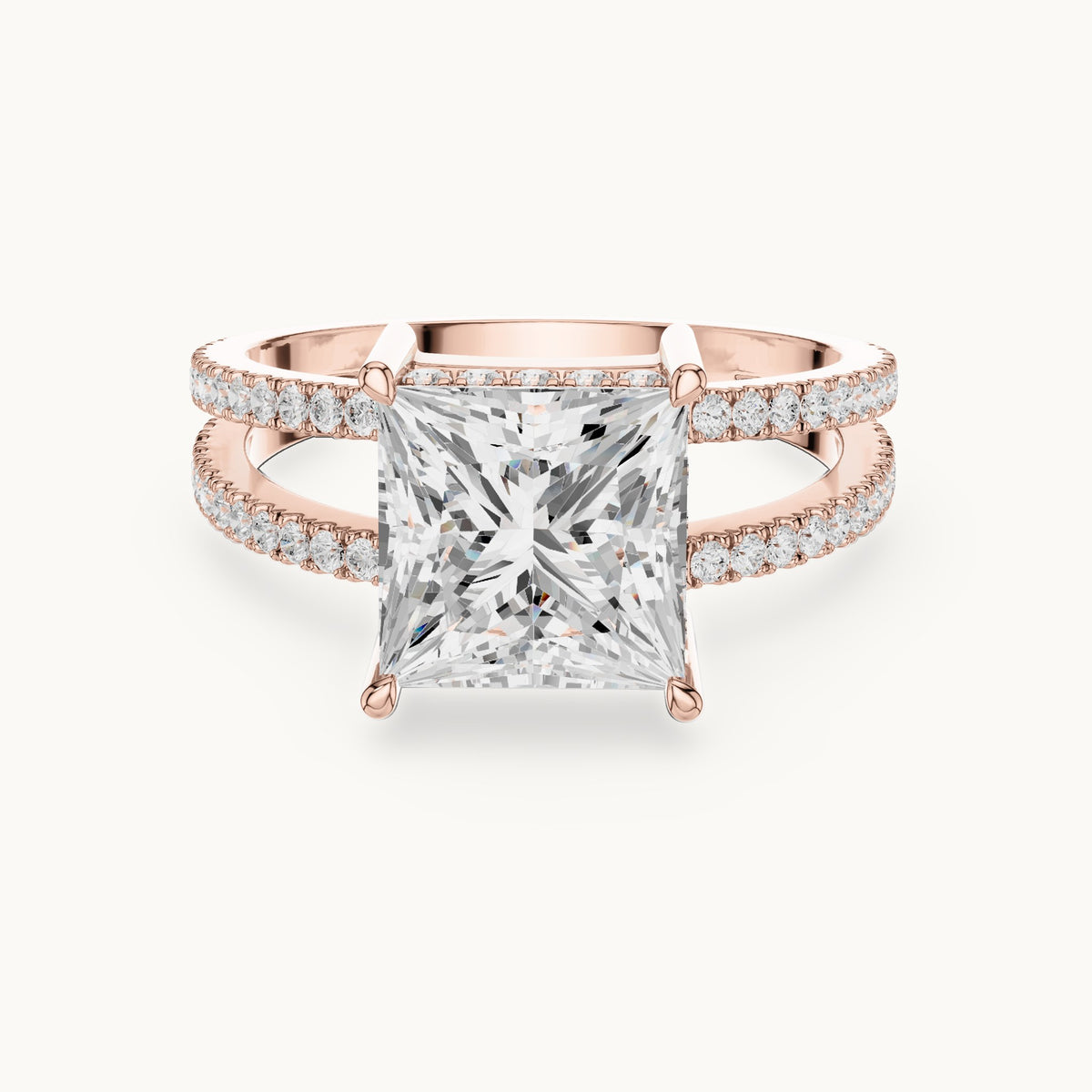 Princess-cut lab-grown diamond pavé split-shank hidden halo engagement ring in rose gold, 3.448 CT TW, view 4