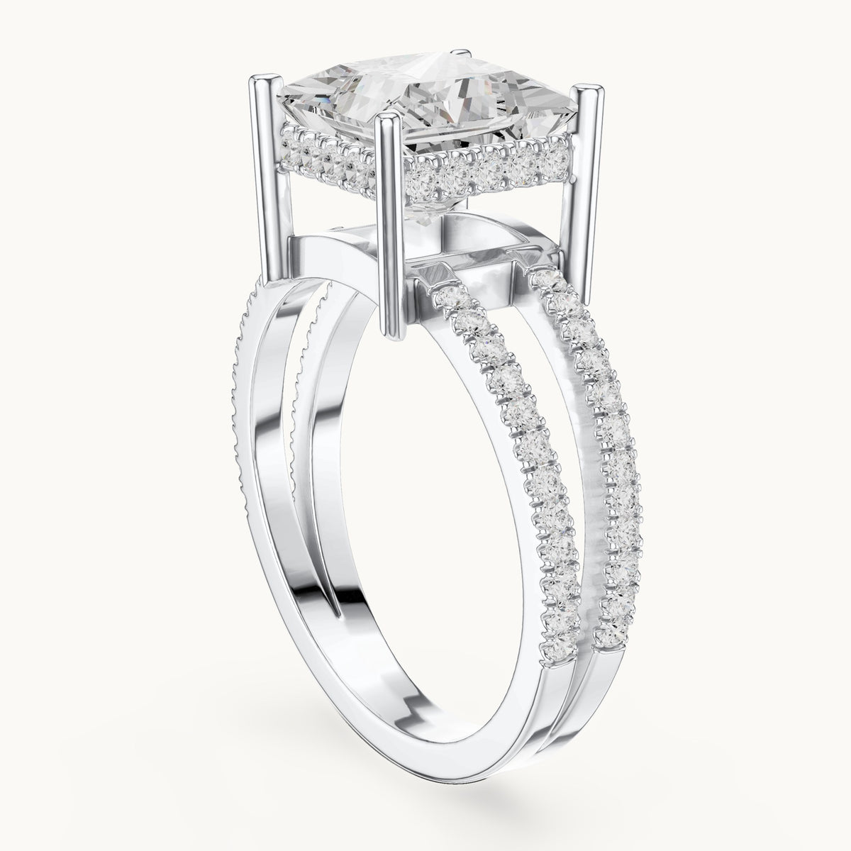 Princess-cut lab-grown diamond pavé split-shank hidden halo engagement ring in white gold, 3.448 CT TW, view 1