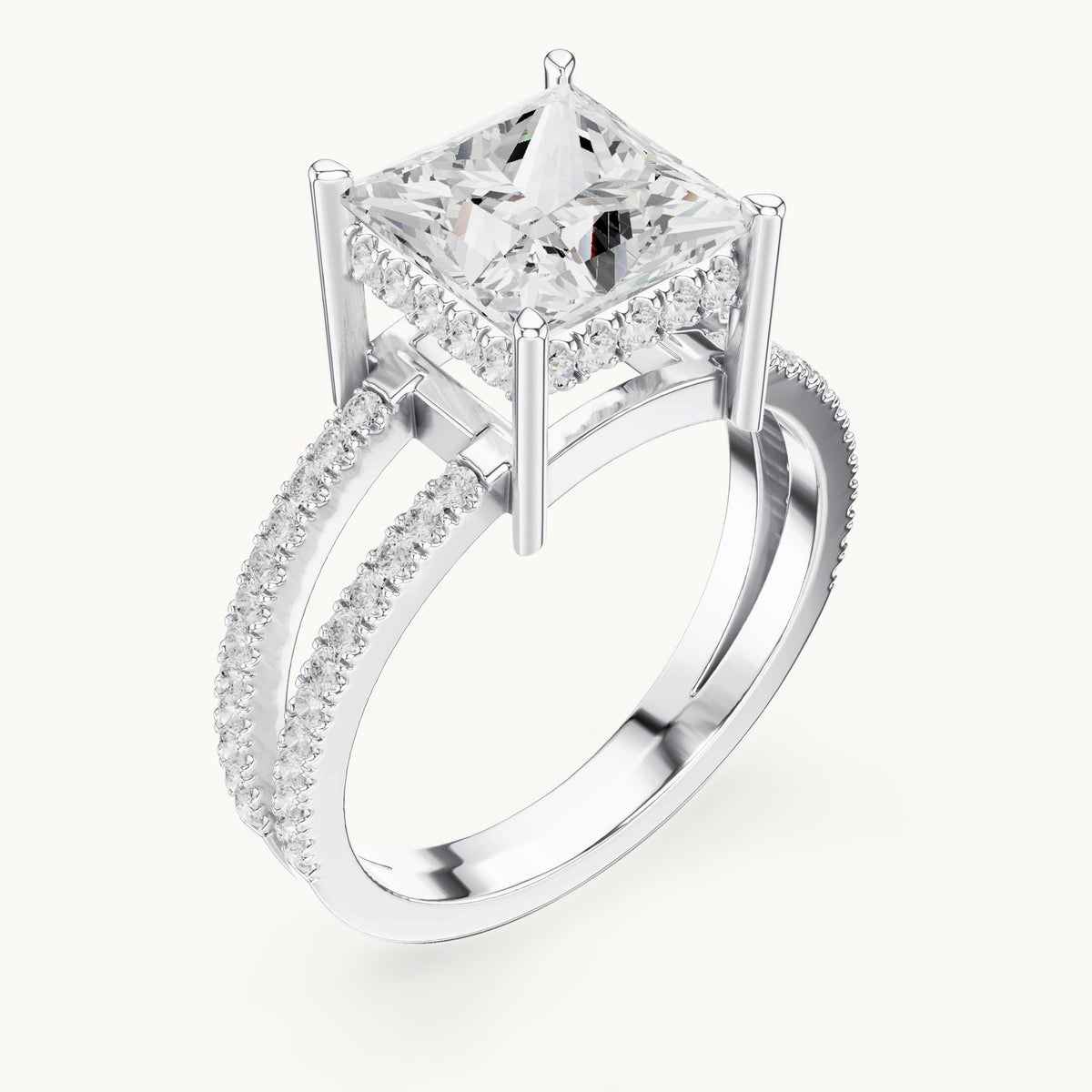 Princess-cut lab-grown diamond pavé split-shank hidden halo engagement ring in white gold, 3.448 CT TW, view 2