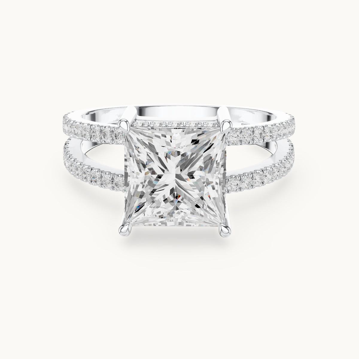 Princess-cut lab-grown diamond pavé split-shank hidden halo engagement ring in white gold, 3.448 CT TW, view 4