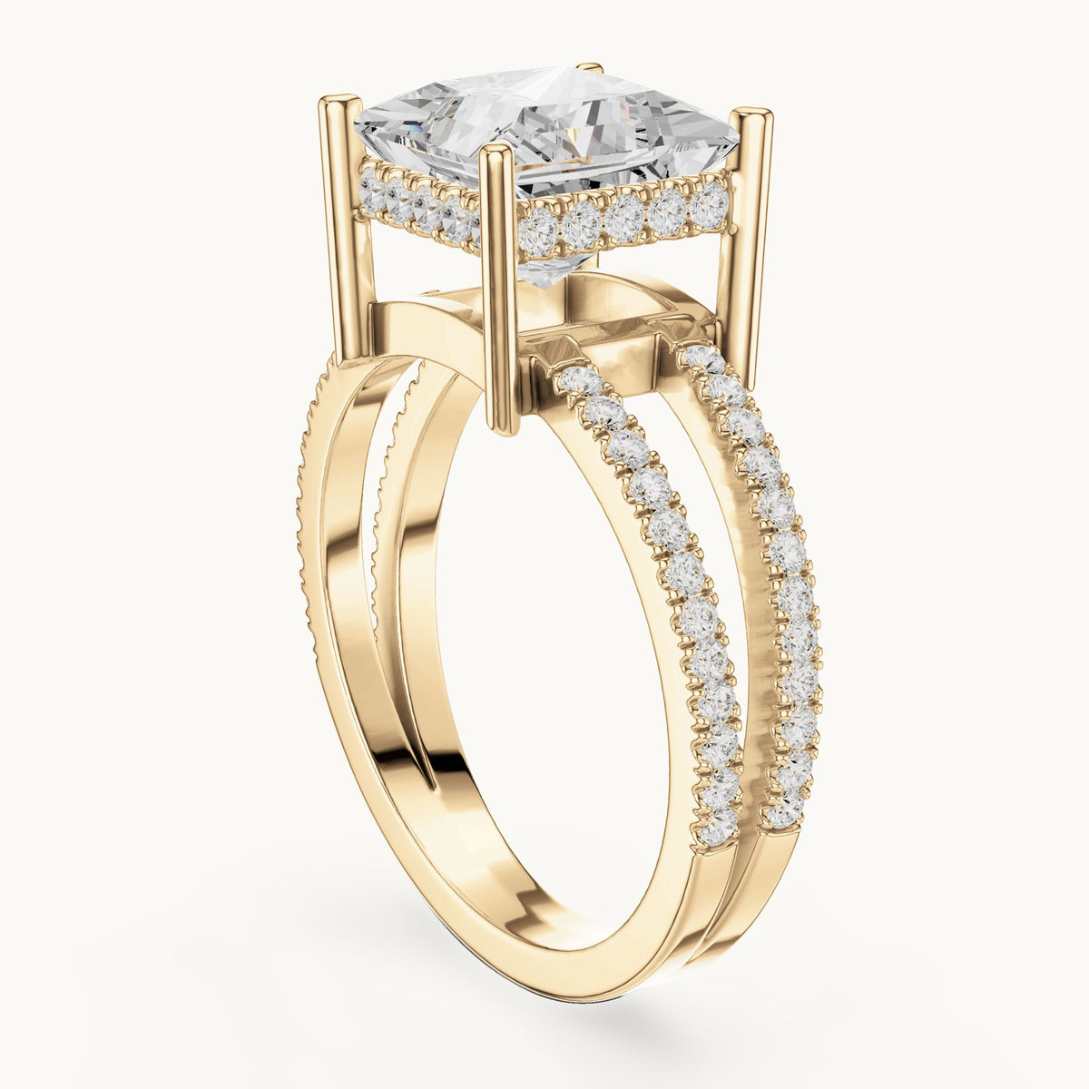 Princess-cut lab-grown diamond pavé split-shank hidden halo engagement ring in yellow gold, 3.448 CT TW, view 1