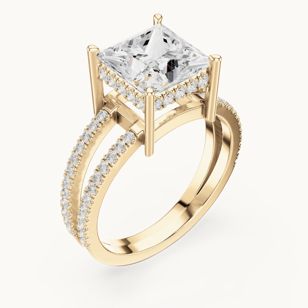 Princess-cut lab-grown diamond pavé split-shank hidden halo engagement ring in yellow gold, 3.448 CT TW, view 2