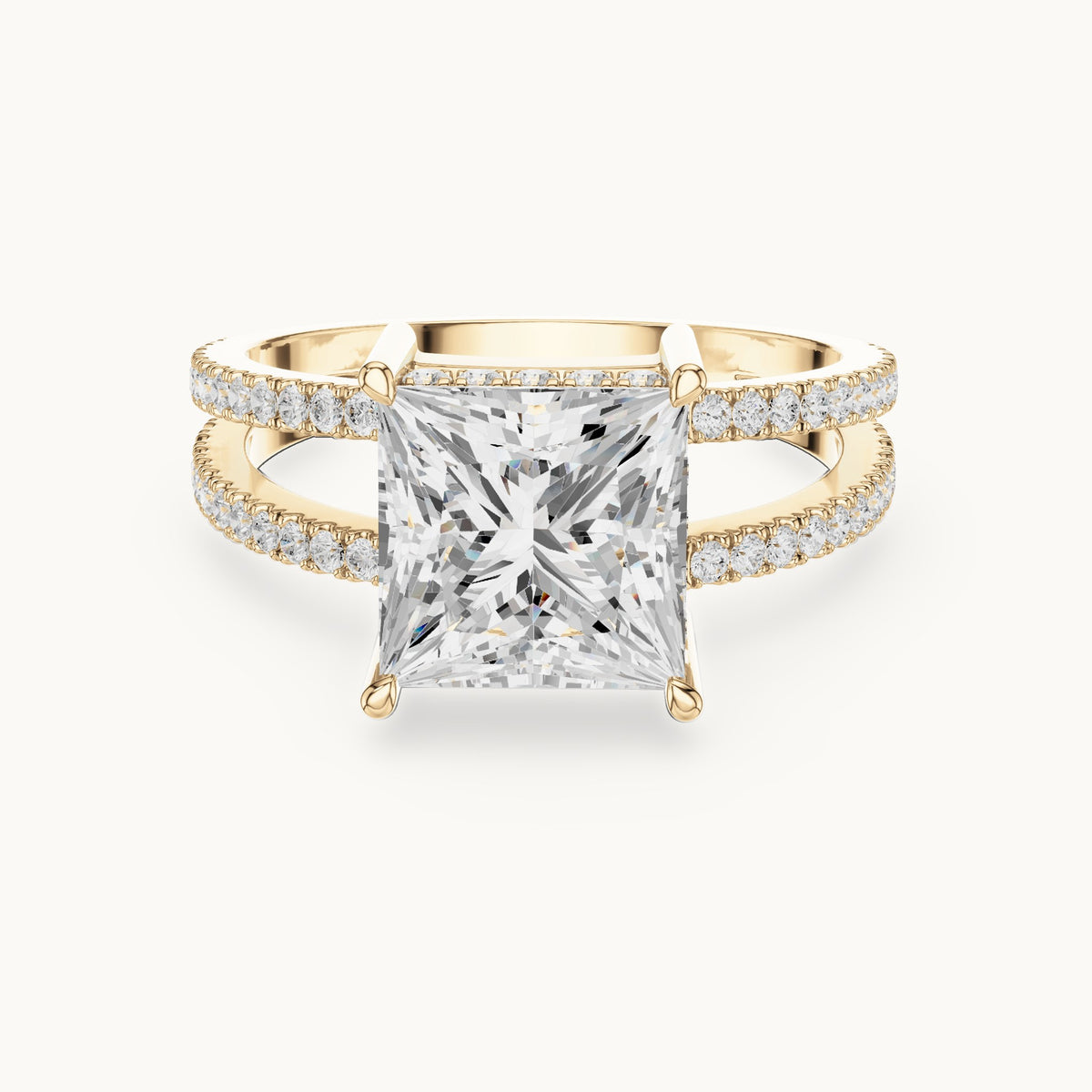 Princess-cut lab-grown diamond pavé split-shank hidden halo engagement ring in yellow gold, 3.448 CT TW, view 4