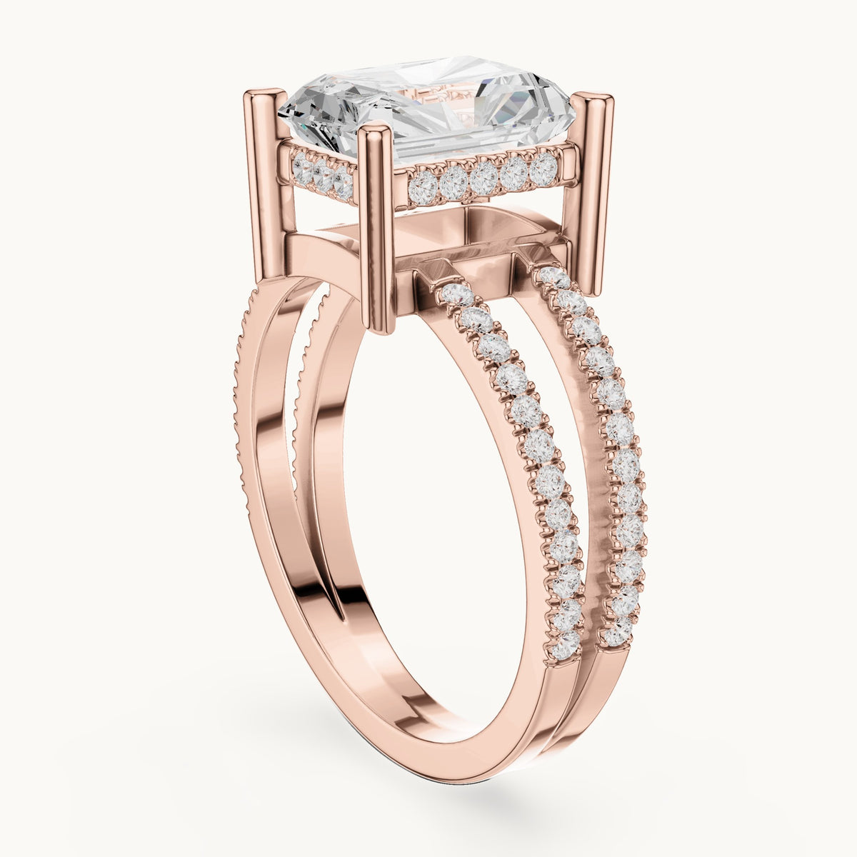 Radiant-cut lab-grown diamond pavé split-shank hidden halo engagement ring in rose gold, 3.384 CT TW, view 1