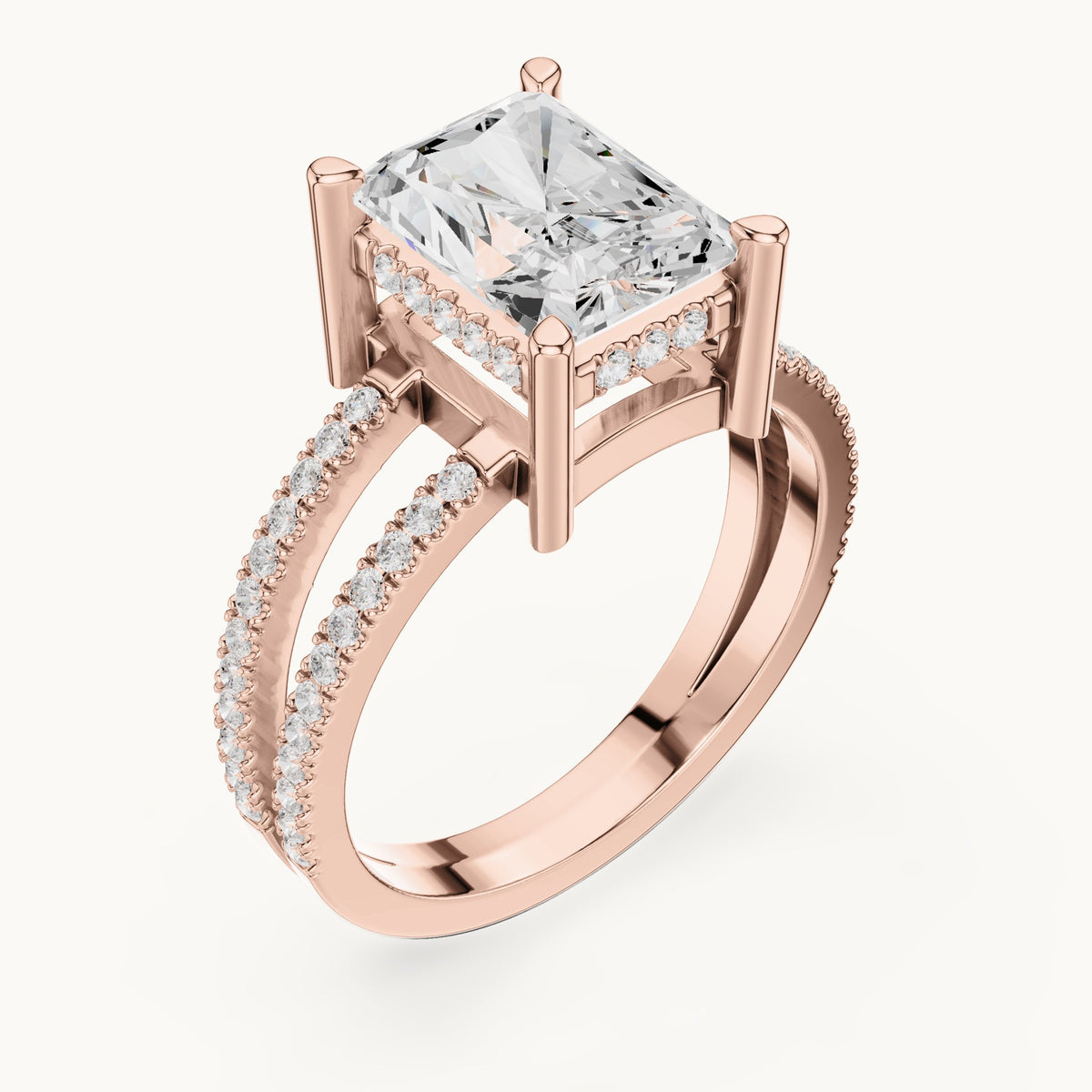 Radiant-cut lab-grown diamond pavé split-shank hidden halo engagement ring in rose gold, 3.384 CT TW, view 2