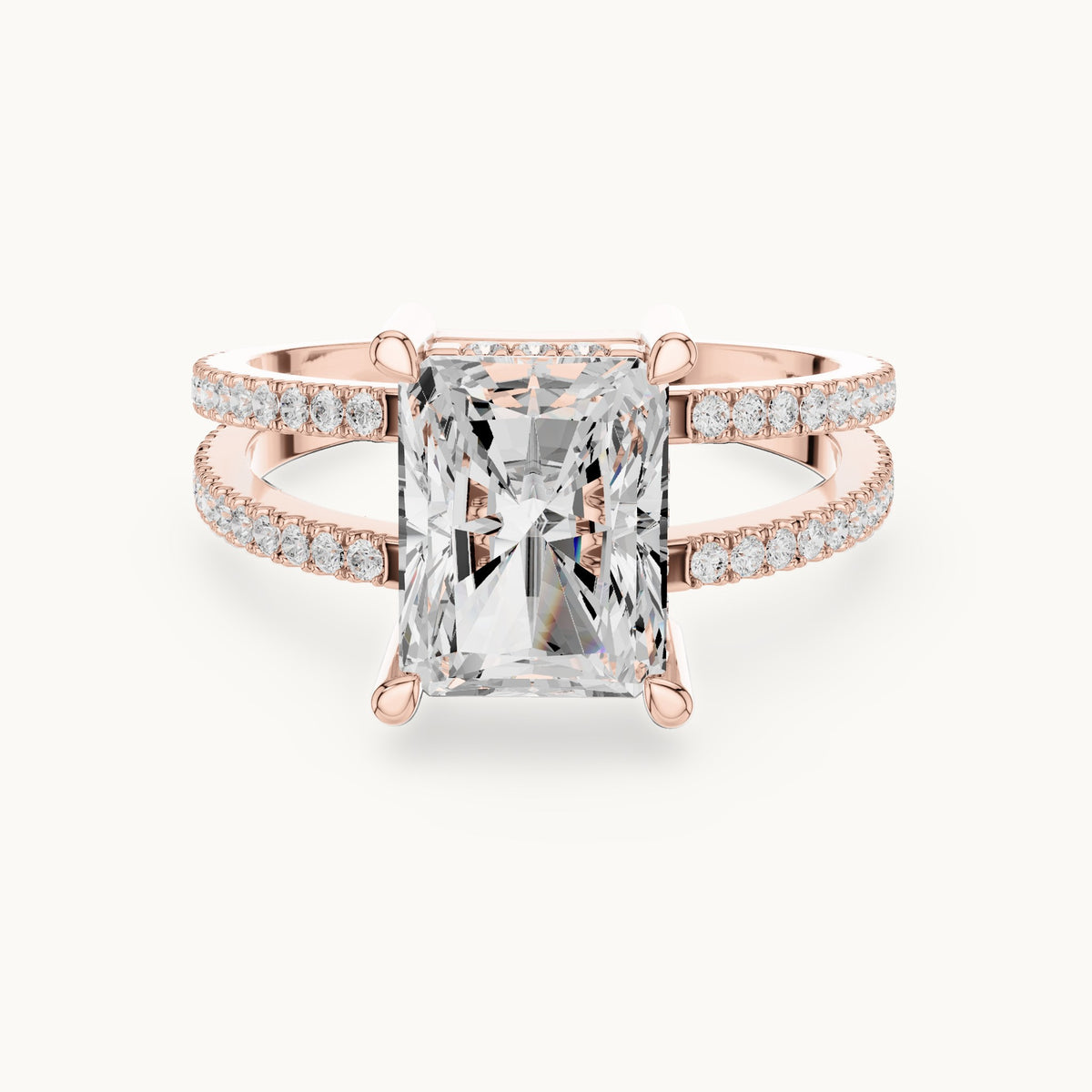Radiant-cut lab-grown diamond pavé split-shank hidden halo engagement ring in rose gold, 3.384 CT TW, view 4