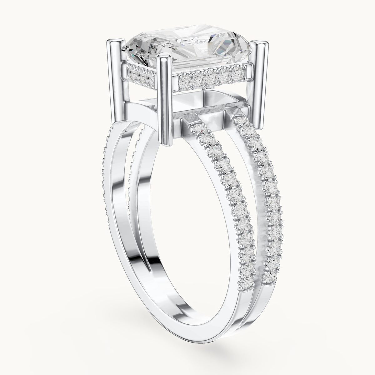 Radiant-cut lab-grown diamond pavé split-shank hidden halo engagement ring in white gold, 3.384 CT TW, view 1