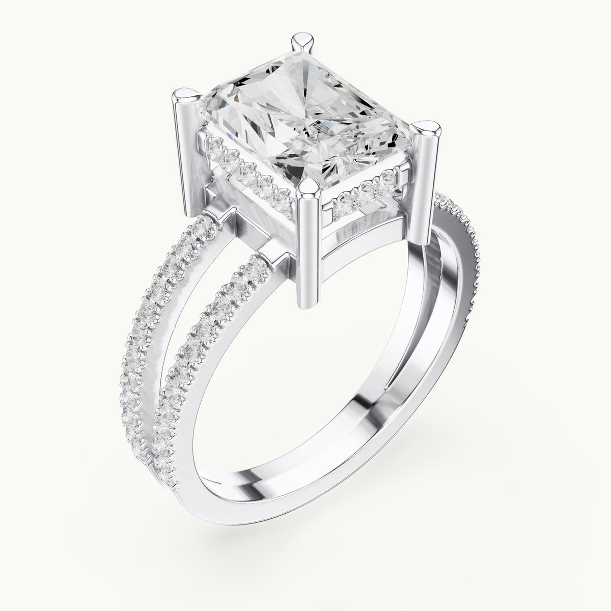 Radiant-cut lab-grown diamond pavé split-shank hidden halo engagement ring in white gold, 3.384 CT TW, view 2