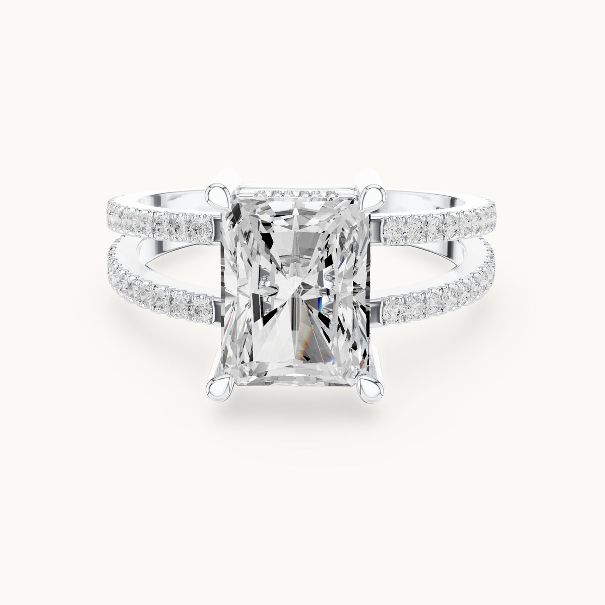 Radiant-cut lab-grown diamond pavé split-shank hidden halo engagement ring in white gold, 3.384 CT TW, view 4